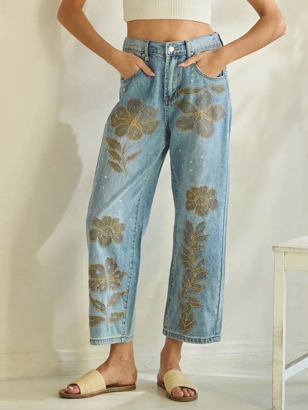 Oli & Hali Floral Embroidered Jeans | High Waist Ankle Crop Statement Denim